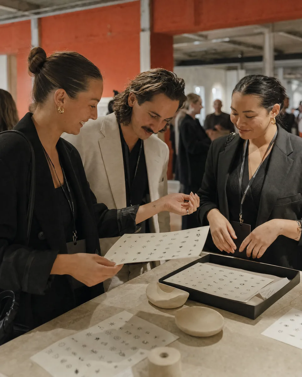 Illustrative company event with adult guests exploring a temporary tattoo activation