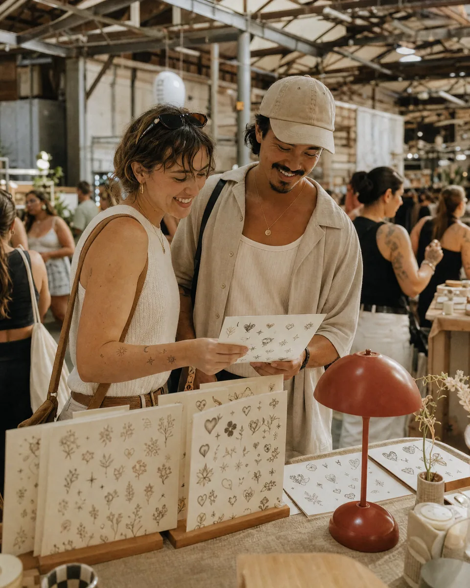 Illustrative creative event with adult guests choosing tattoo designs