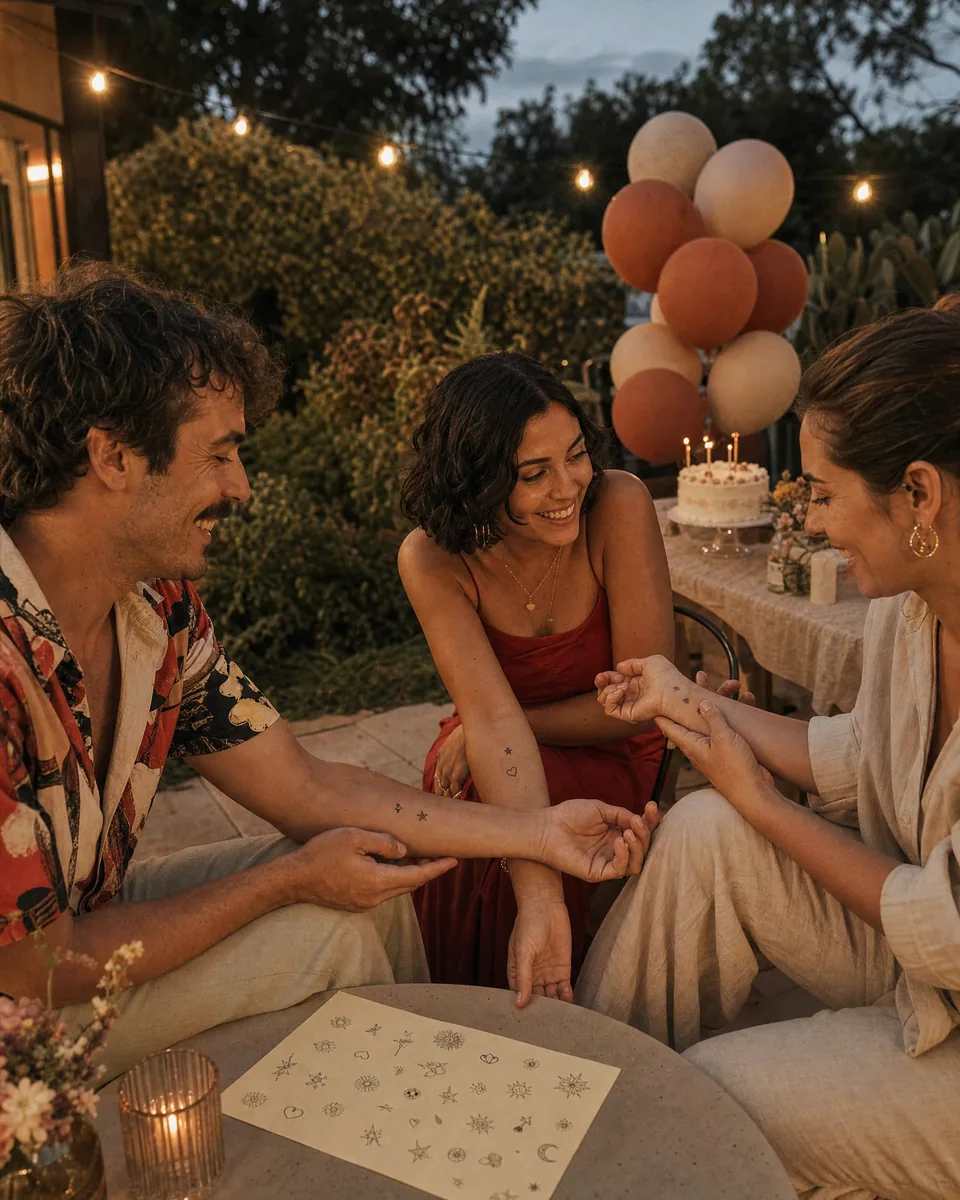 Illustrative birthday garden party with adult friends comparing small temporary tattoos