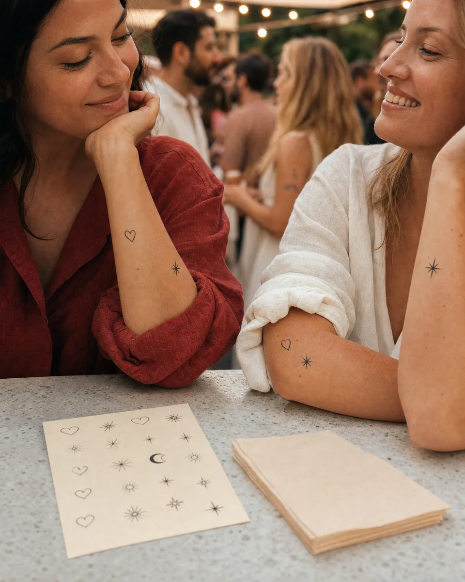 Illustrative celebration scene with small temporary tattoos and transfer sheets