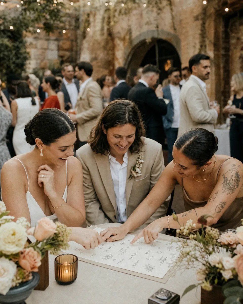 Illustrative wedding reception with a couple choosing small tattoo designs together