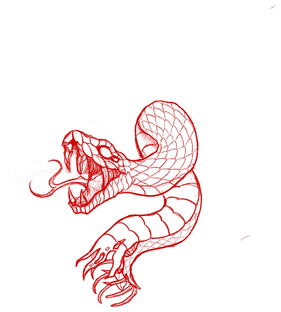 A red line drawing of a coiled cobra by Brodie Bailey.