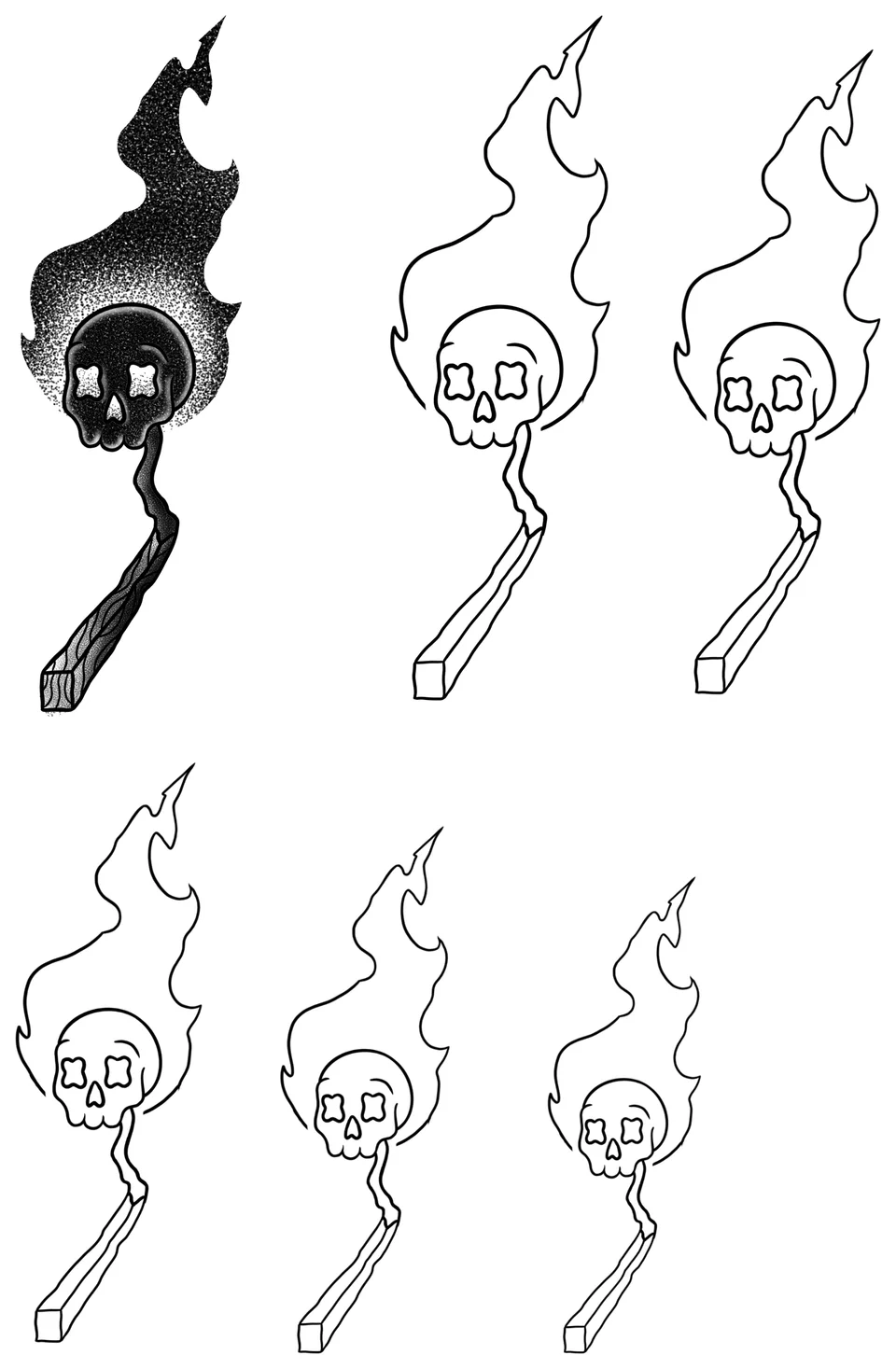 Flaming skull match illustrations in black and outline by Brodie Bailey.