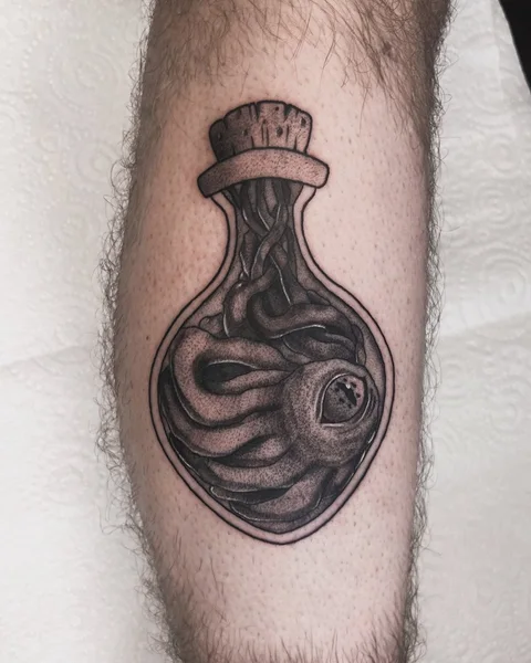 Illustrative bottle containing an eye and tentacles, tattooed by Brodie Bailey