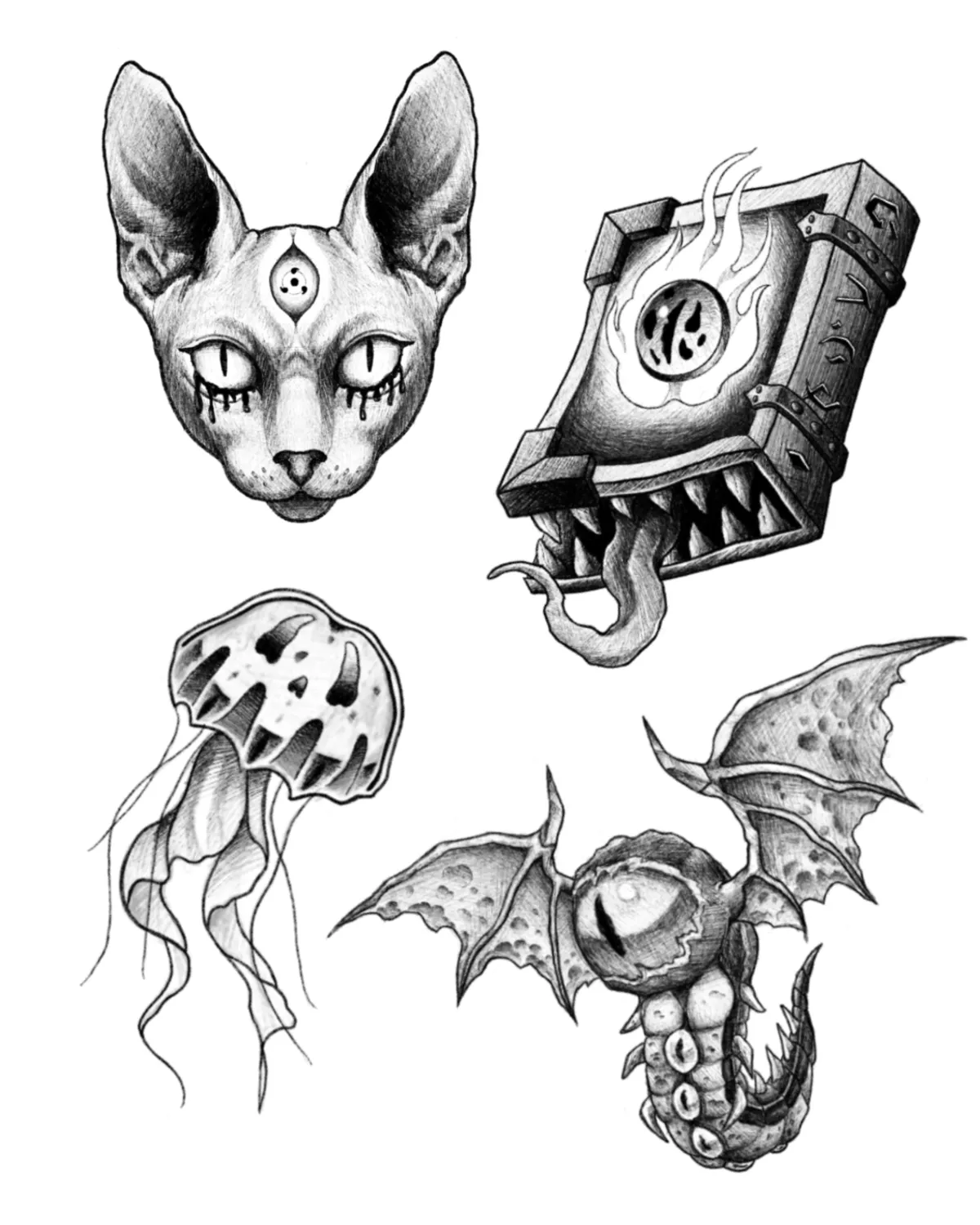 Black and grey cat, coffin, jellyfish and bat flash artwork by Brodie Bailey.