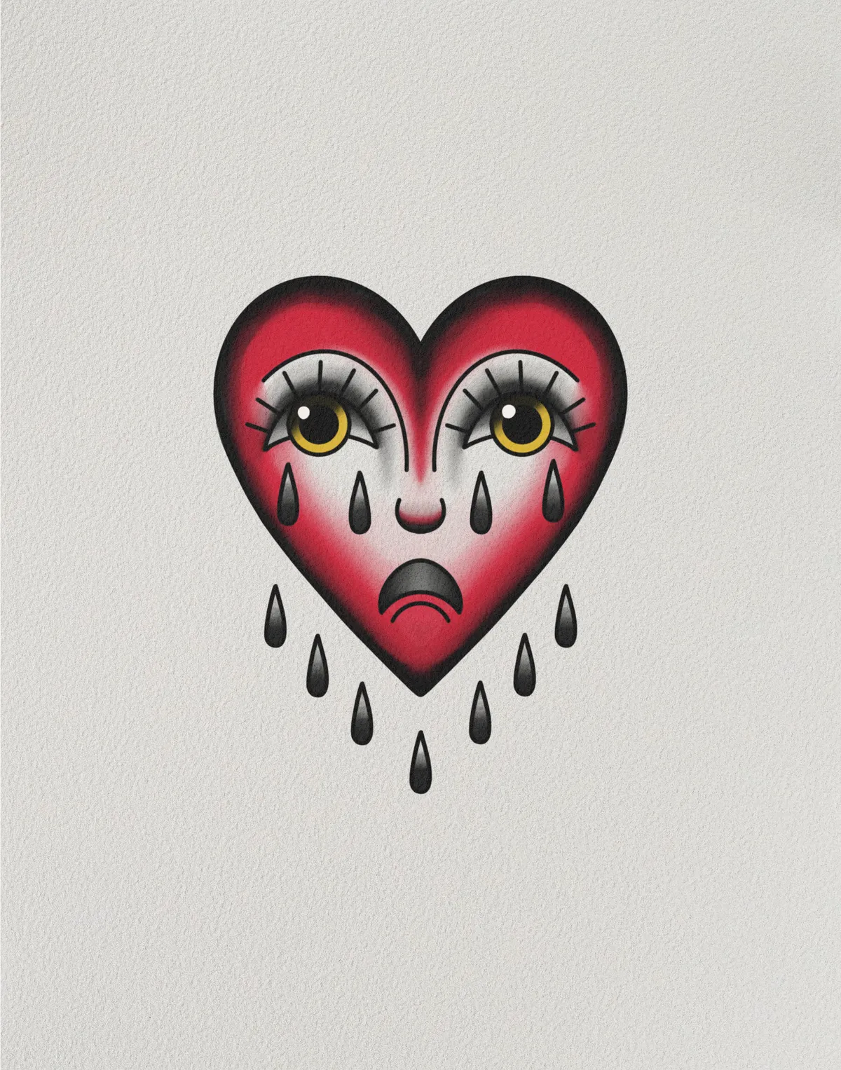 A red heart with expressive eyes and black teardrops, original artwork by Brodie Bailey.