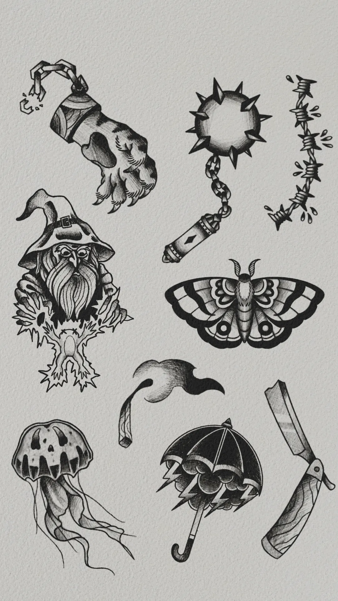 A collection of black and grey tattoo artwork by Brodie Bailey, including a rose, moth and umbrella.