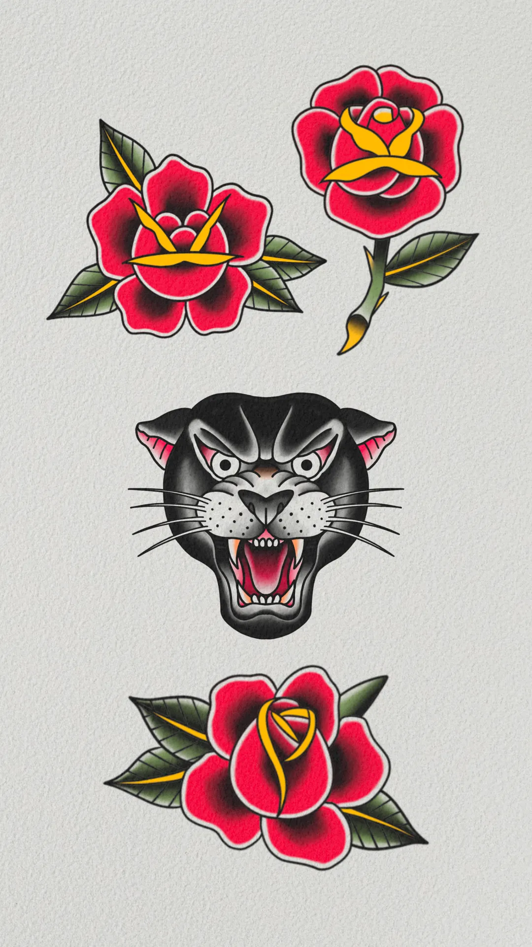 Red roses and a black panther in Brodie Bailey’s traditional flash artwork.