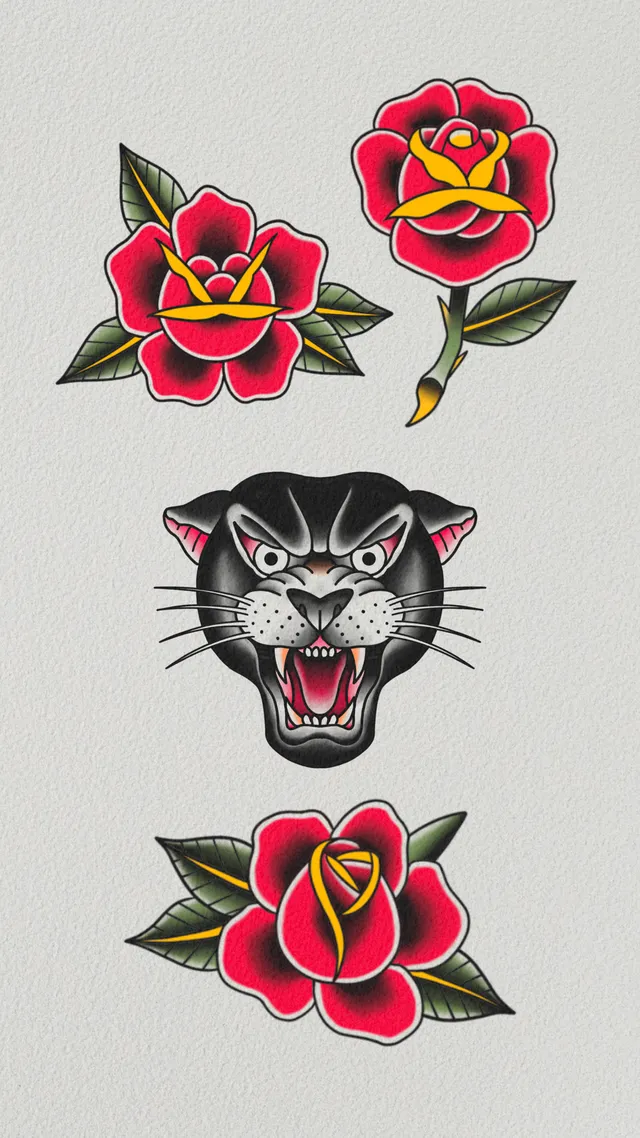 Red roses and a black panther in Brodie Bailey’s traditional flash artwork.